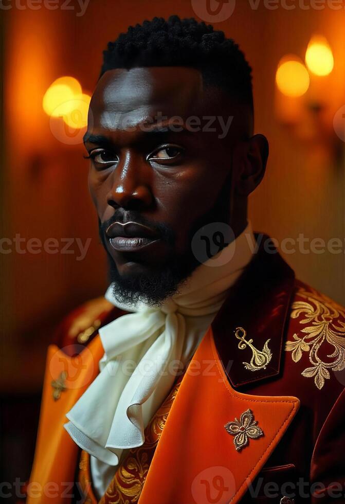 A black man, with short hair and a beard, wearing a victorian orange and red suit with a white scarf in a castle photo