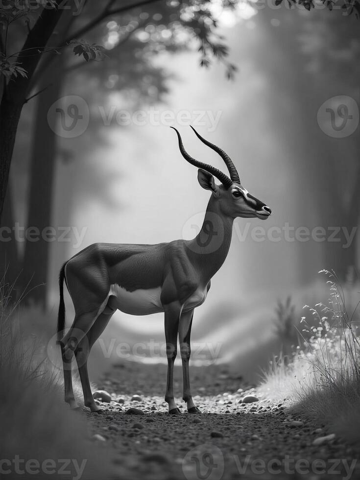 A male antelope with long horns, standing on a dirt path, surrounded by trees and grass, in a forest photo