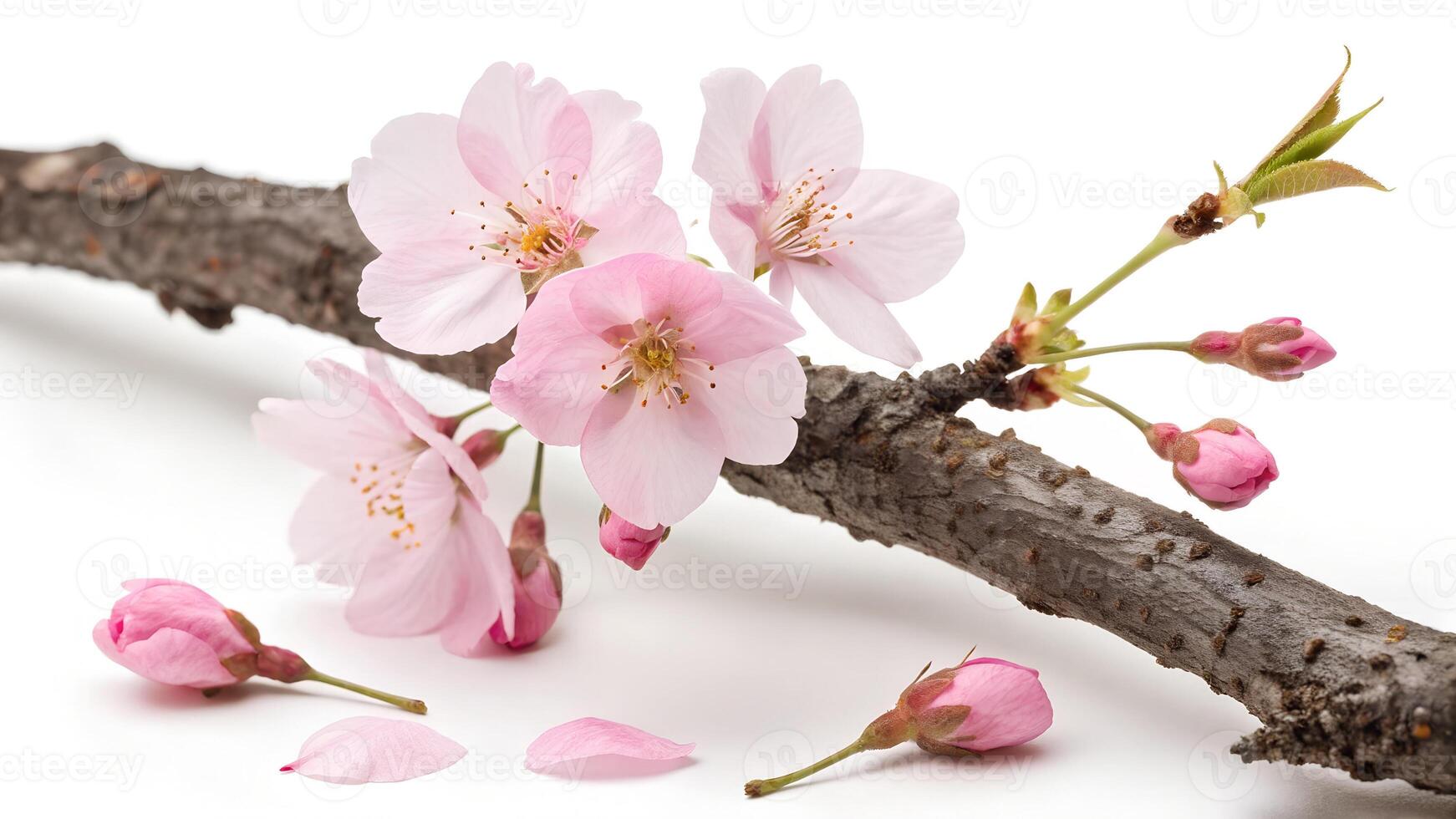 A delicate cherry blossom branch with fully bloomed pink flowers and a few fallen petals photo