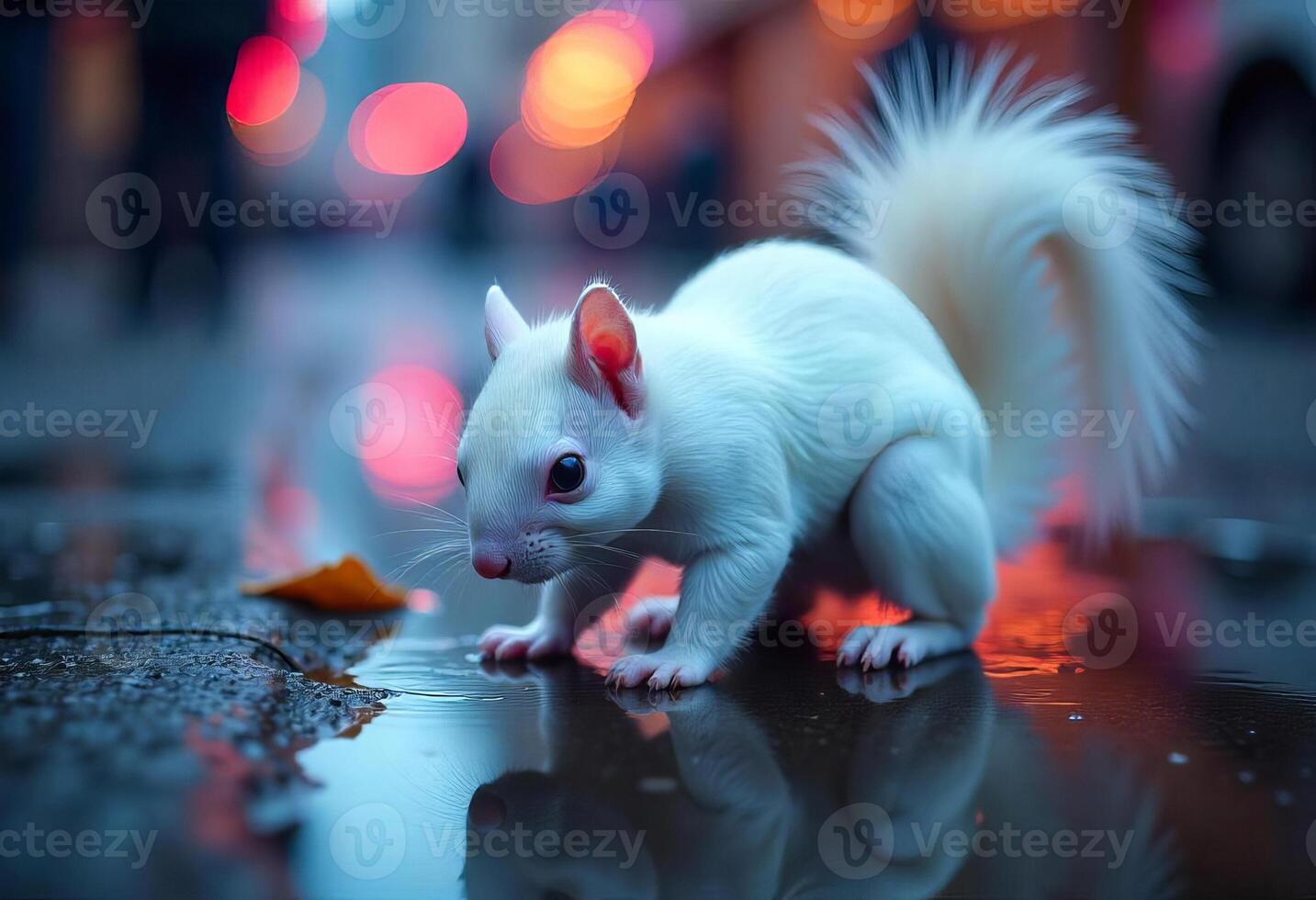 An albino squirrel with black eyes on a wet surface, city lights in the background, reflections of the lights on the ground photo