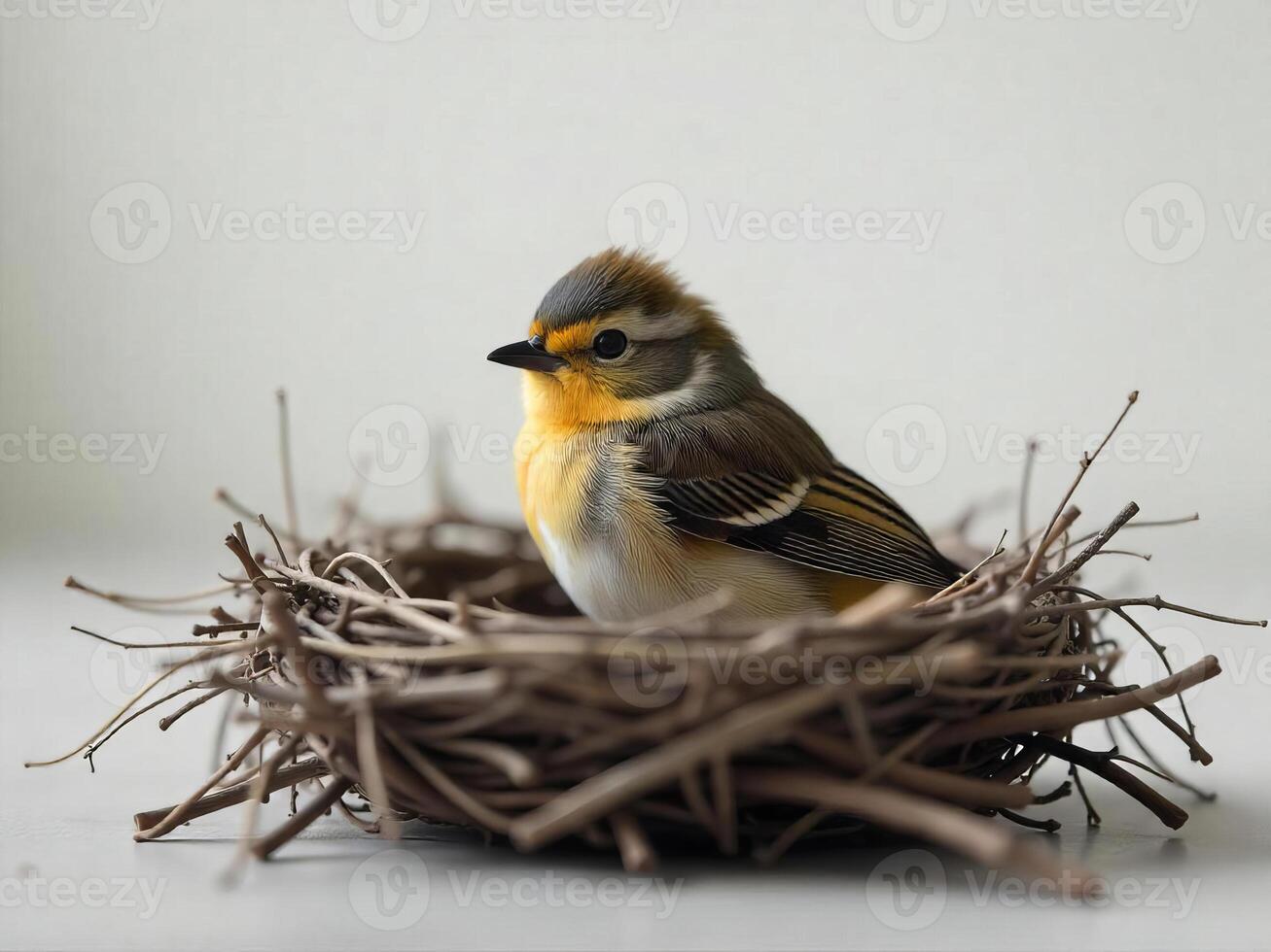 A small bird with yellow and brown feathers sitting in a nest made of twigs, with a plain white background photo
