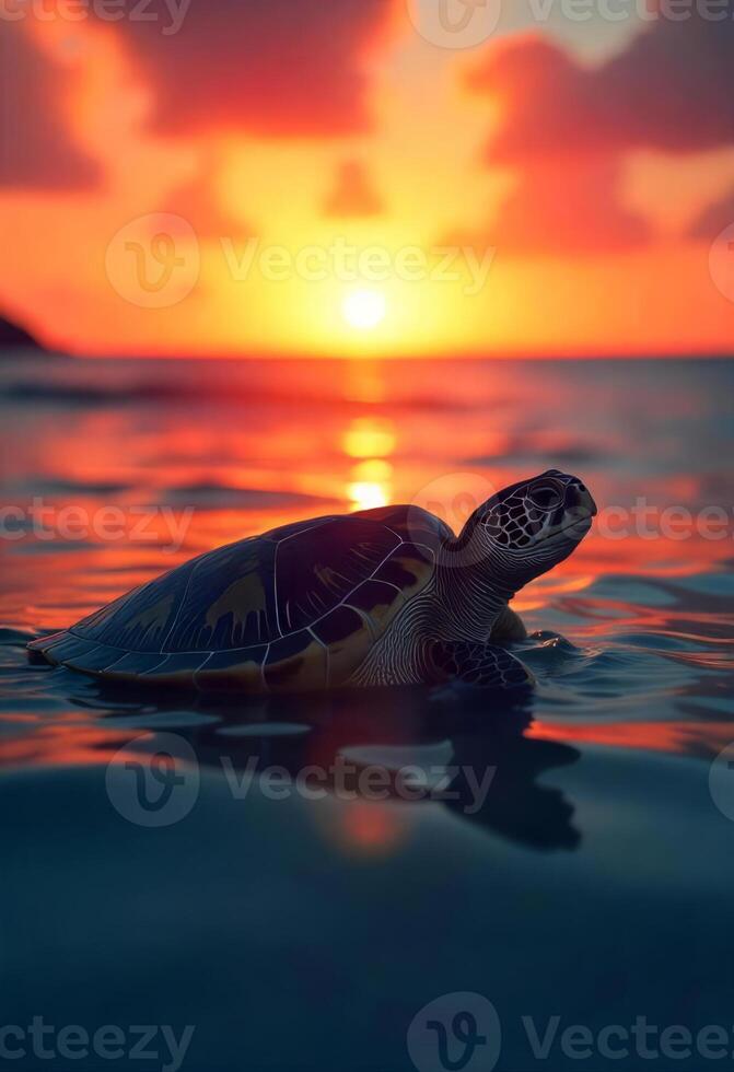 A sea turtle swimming in the ocean, the sun is setting in the background, the sky is orange and pink, the water is calm photo