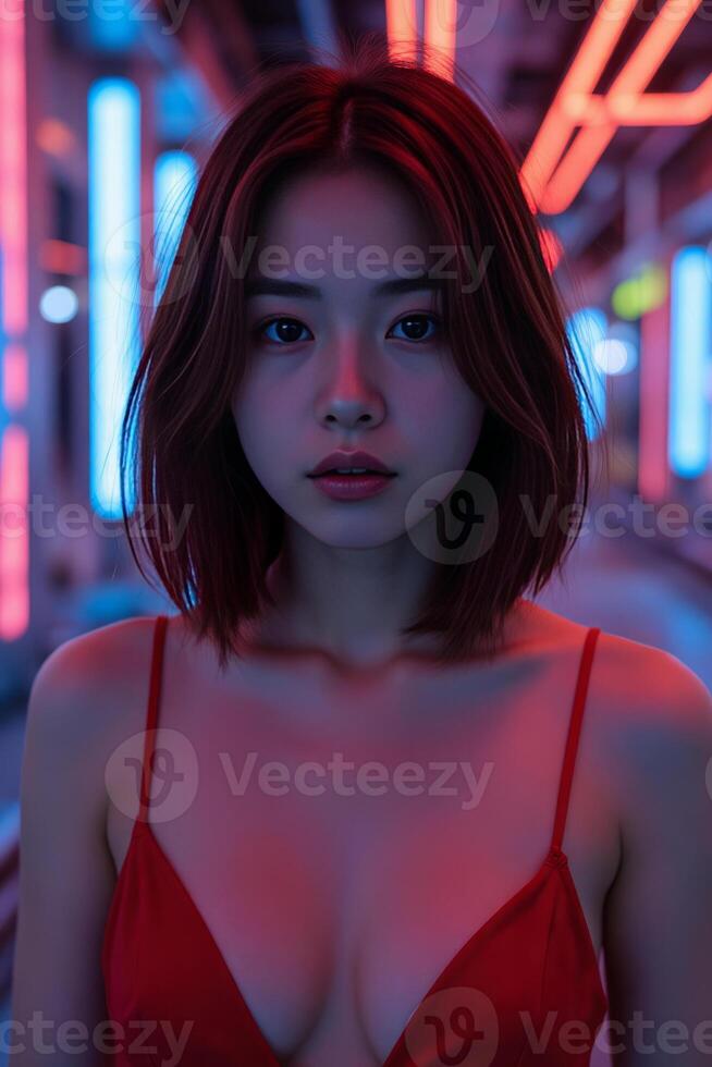 An asian girl, 21 years old, with short brown hair and fair skin, wearing a red top in a neon-lit alley photo