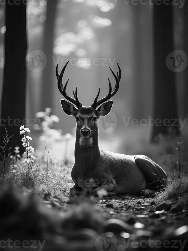 A deer with big antlers resting in a forest, black and white, tall trees in the background photo
