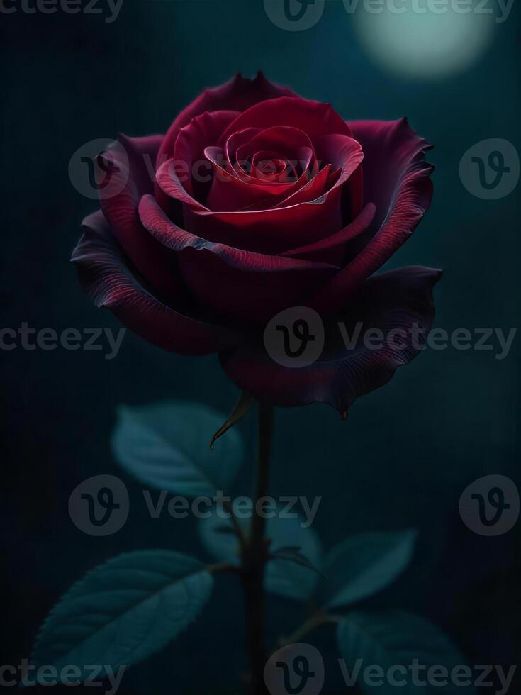 A single dark red rose with a long stem and a few leaves, in a dark environment photo