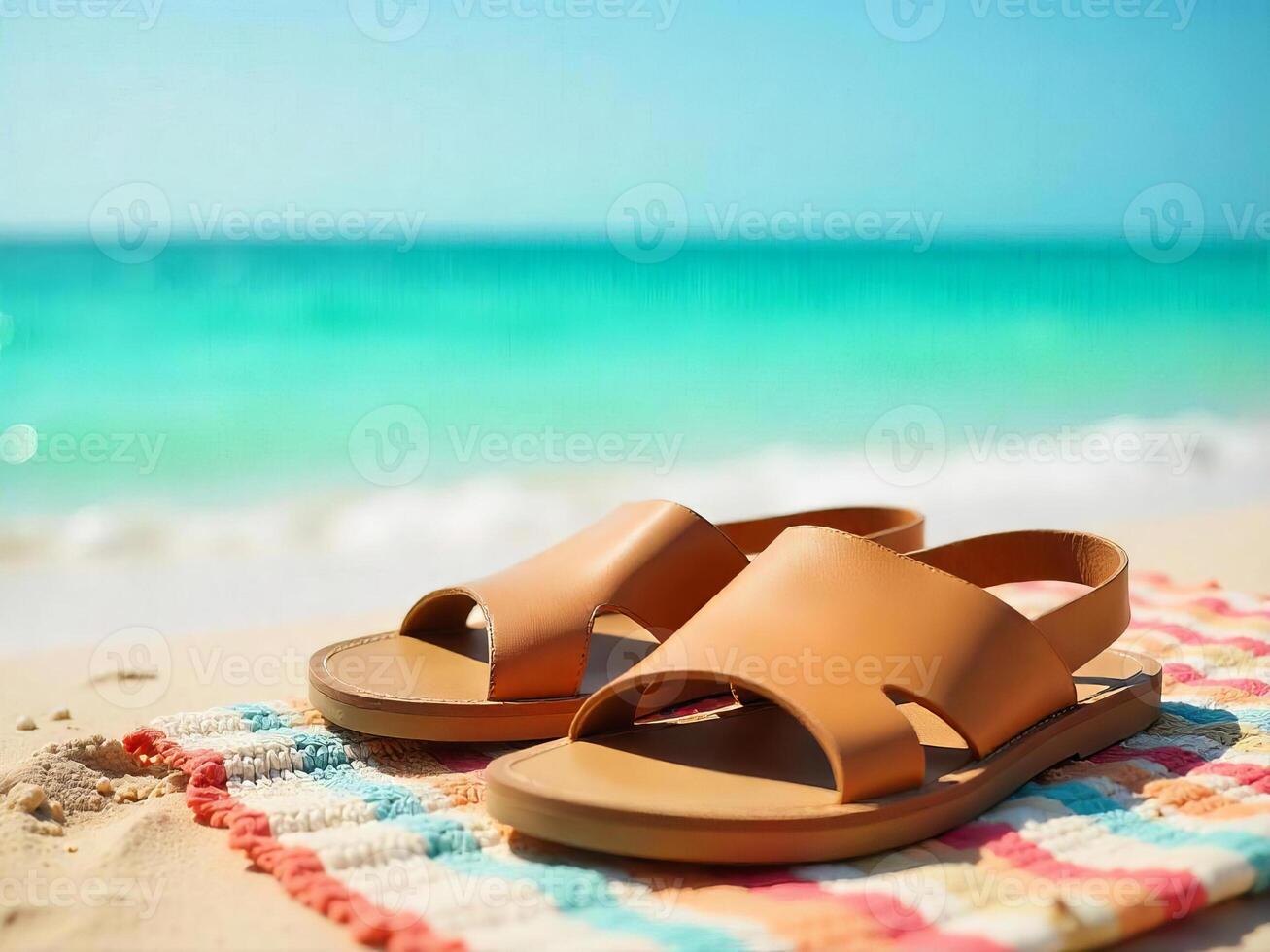 A pair of brown leather sandals on a colorful towel, on a sandy beach with turquoise water and a clear blue sky photo