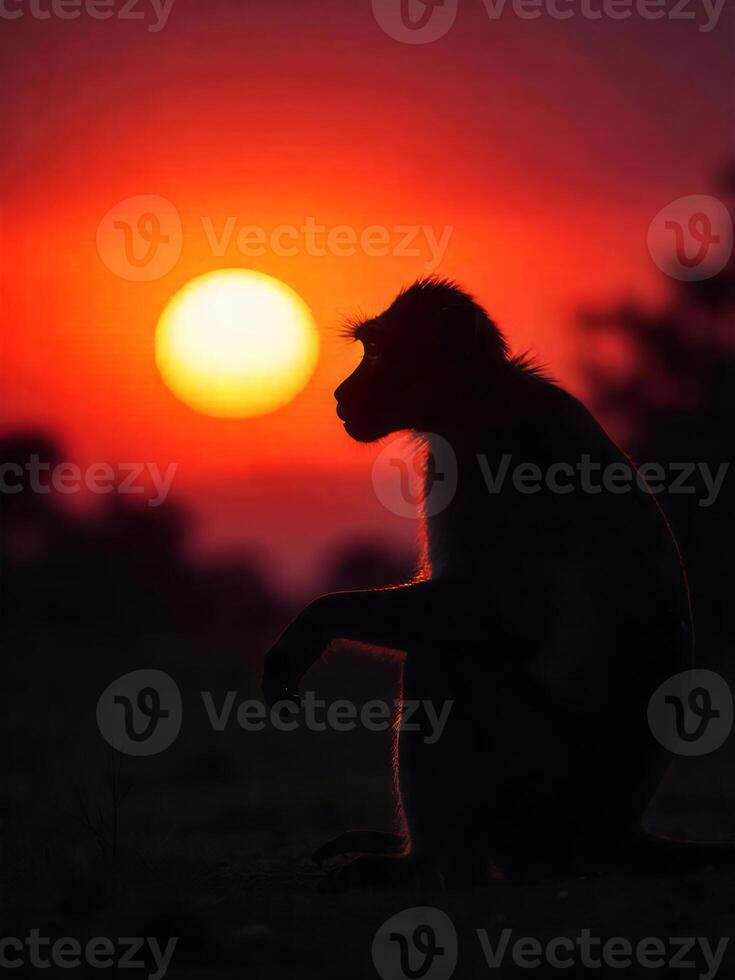Silhouette of a monkey sitting, side view, bright sun in the background, dark environment, red sky photo