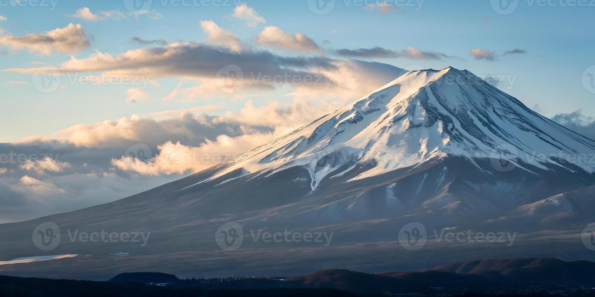 A snow-covered mountain with a cloudy sky, the mountain is large and imposing, with a mix of snow and rock visible, the sky is blue with white clouds photo