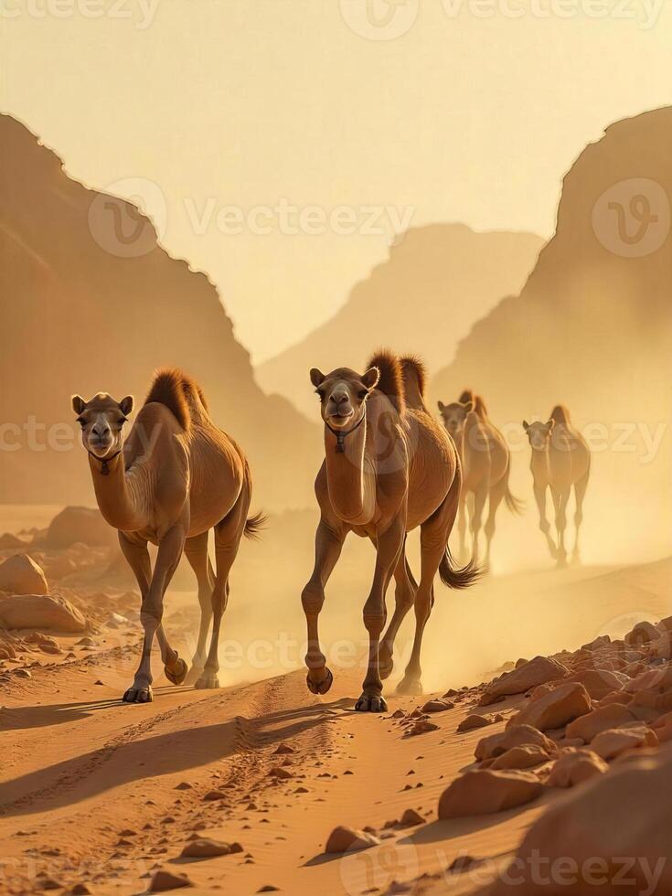 A group of camels walking through a desert landscape with rocky mountains in the background, the scene is dusty and the light is warm photo
