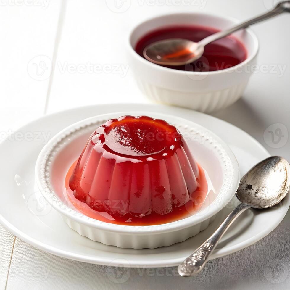 A red jelly dessert on a white plate with a silver spoon, a bowl with red liquid and a spoon on a white table photo