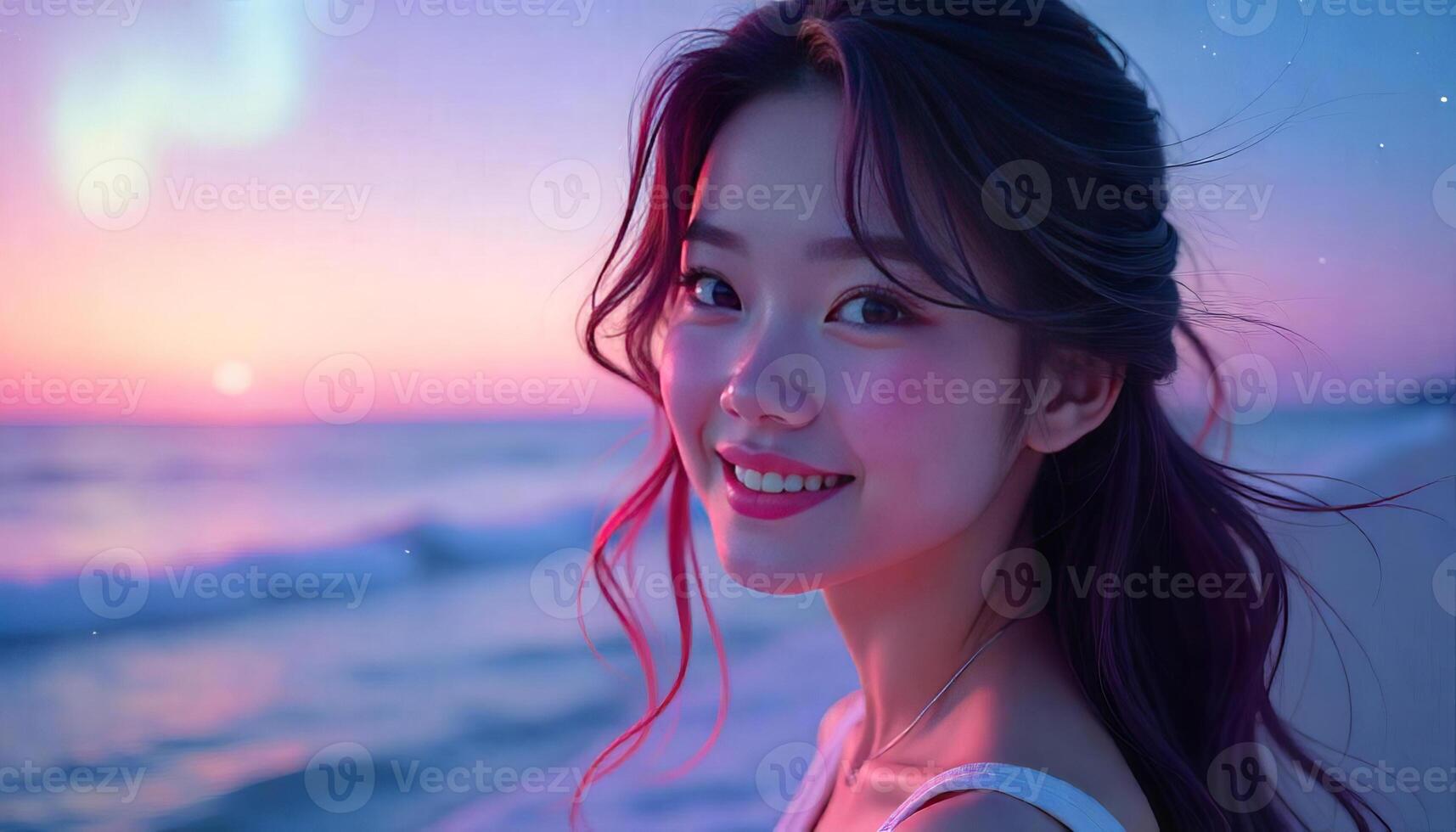 An asian girl with fair skin, black and pink hair, 22 years old, smiling in front of the beach at sunset photo