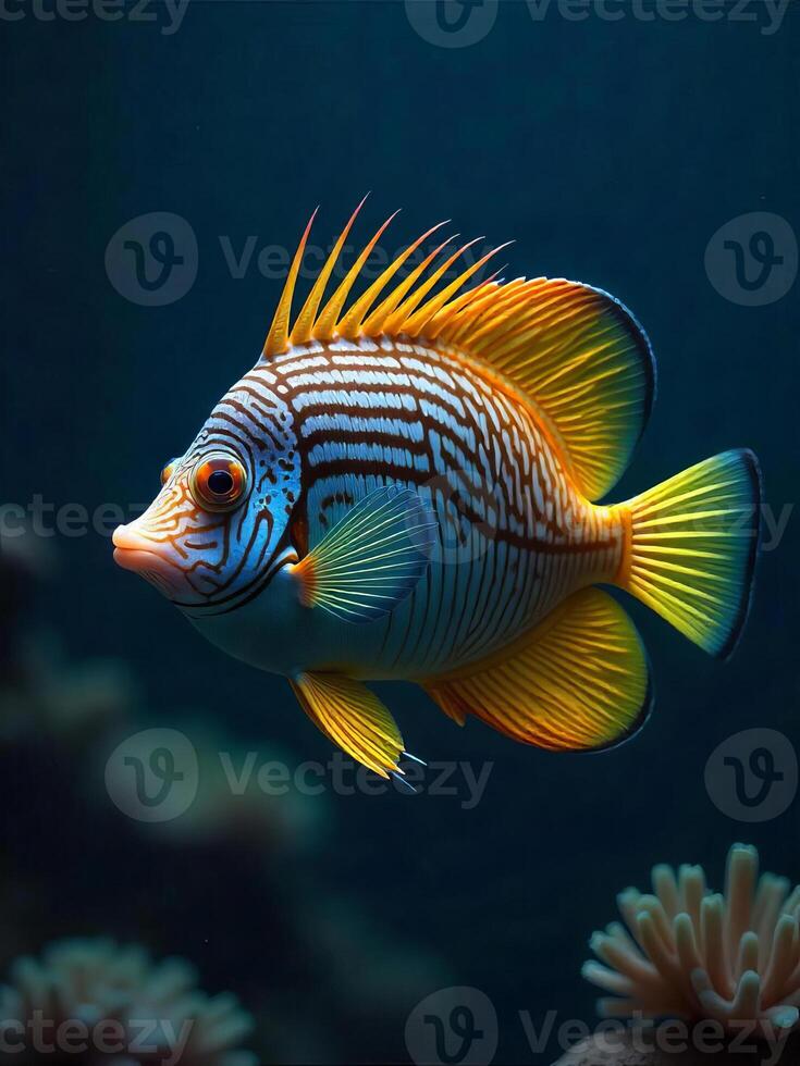 A colorful striped fish with yellow fins and spiky dorsal fin swimming in a dark blue ocean with coral reefs in the background photo