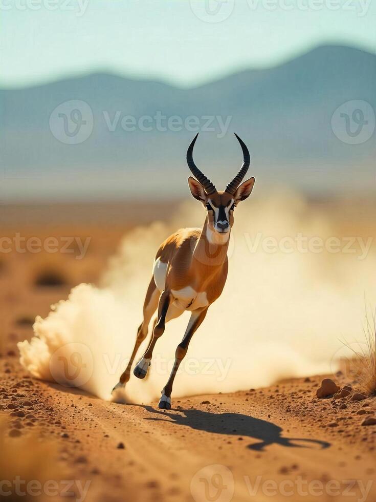 A brown antelope running fast in the desert, dust behind it, brown and arid landscape, mountains in the background photo