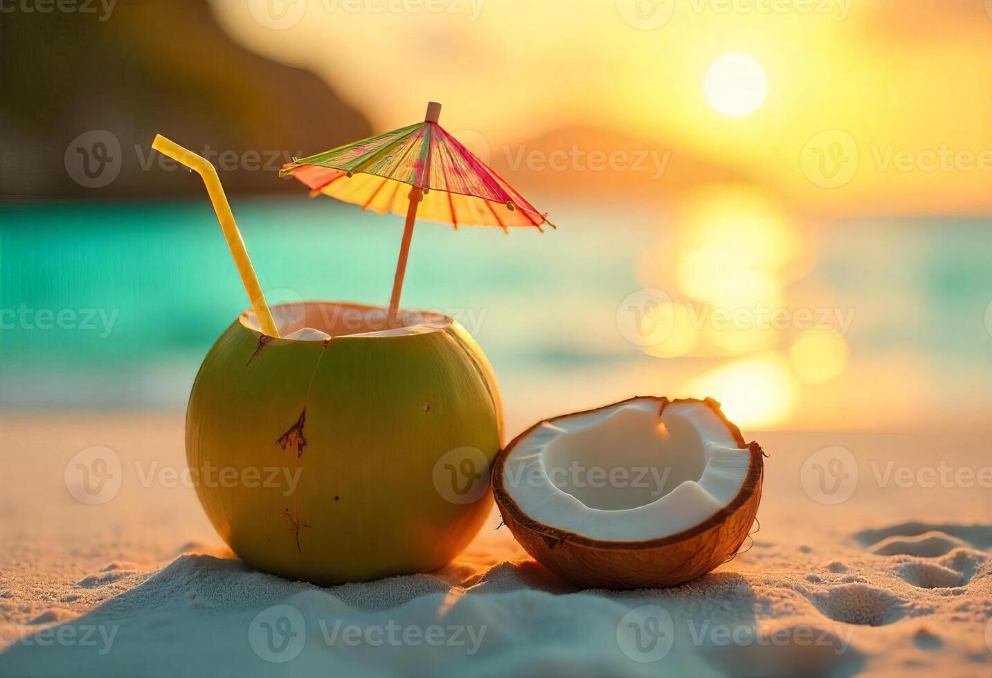 A coconut cocktail with a straw and a small umbrella, and a half coconut on the sand at sunset photo
