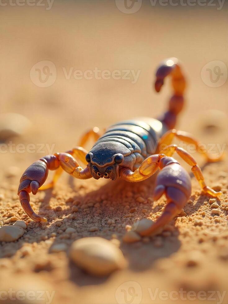A scorpion with orange legs and claws, a dark blue carapace, on a sandy ground with small rocks photo