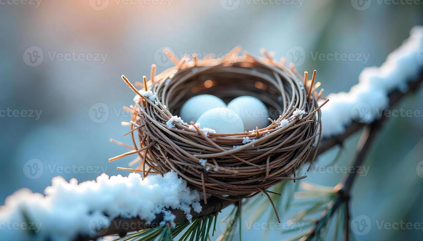 A bird nest with three white eggs on a snowy tree branch, winter season, soft light, nature background photo