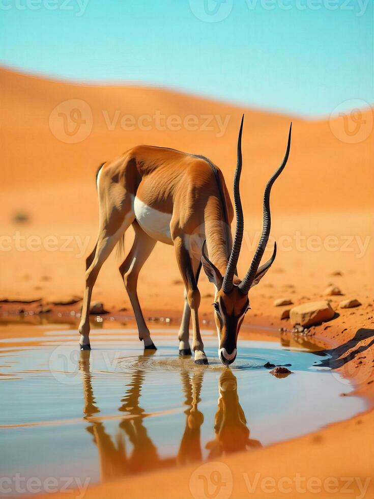 An antelope with long horns drinking water in a puddle, the background is a desert with orange sand and a clear blue sky photo