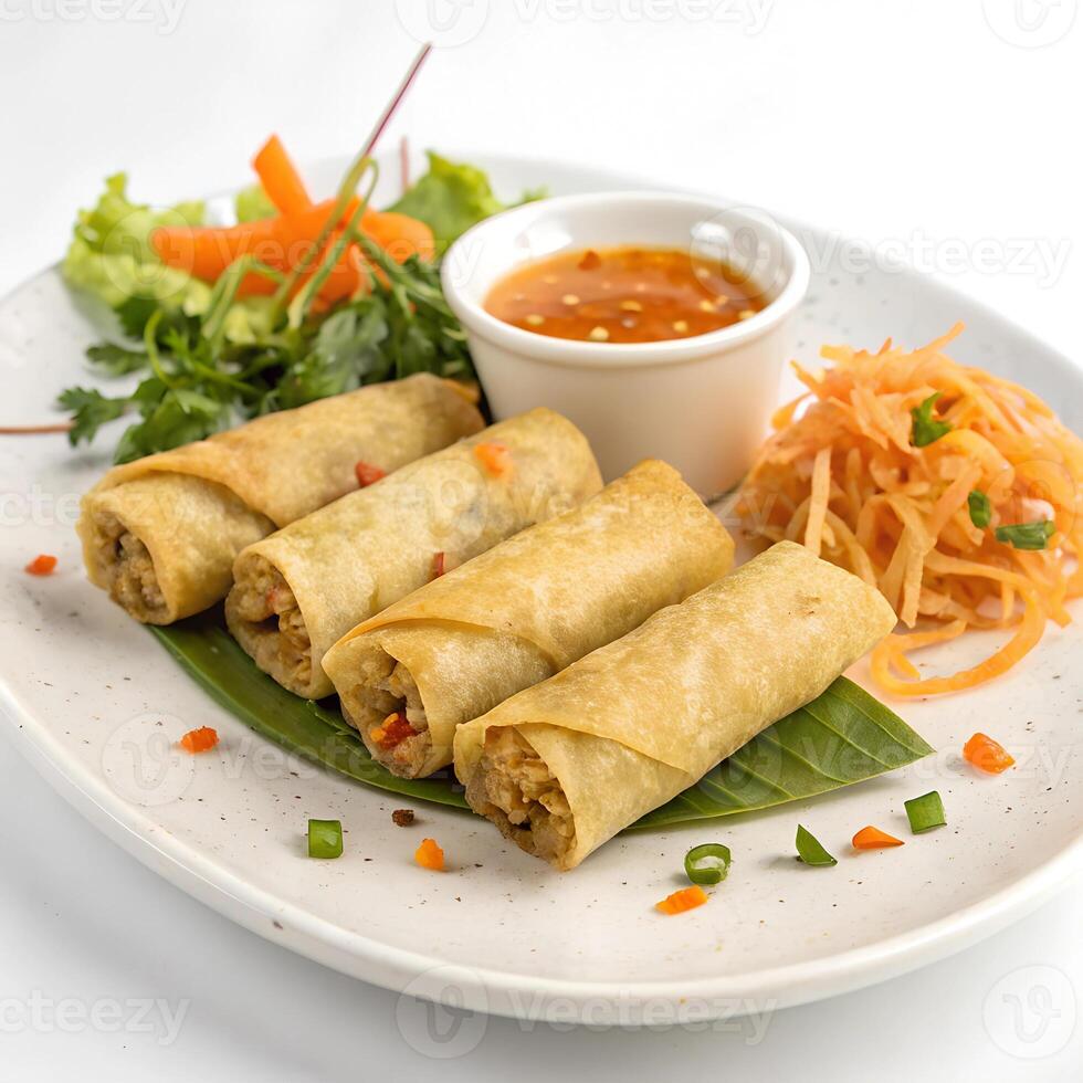 A plate of vegetable spring rolls with dipping sauce, isolated on a white background photo