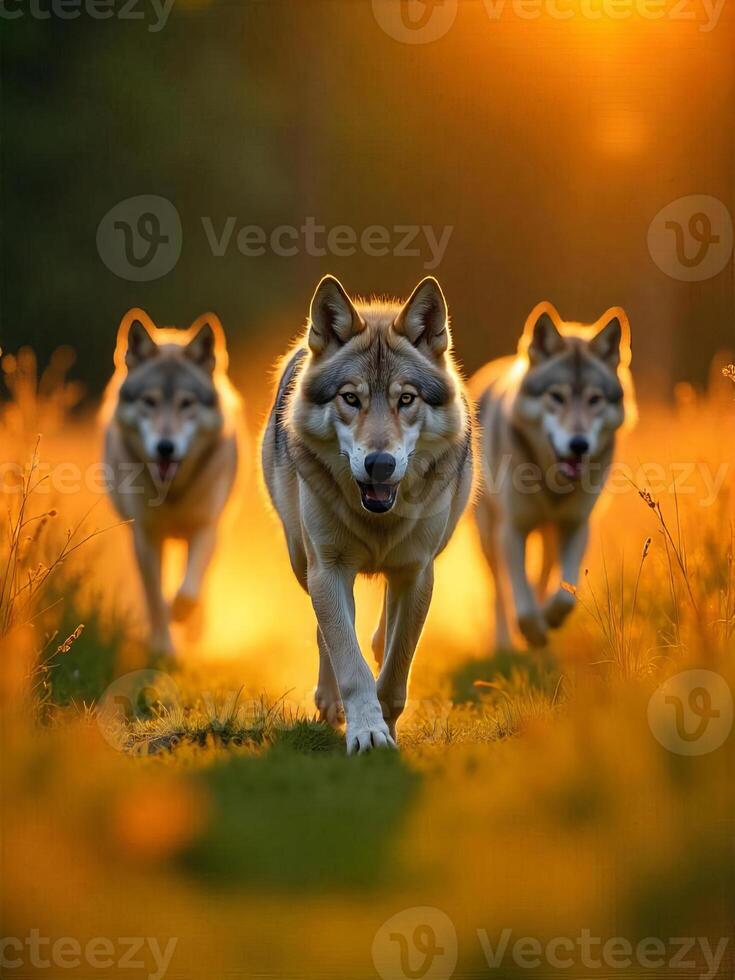 Three wolves running through a grassy field, illuminated by the warm light of the setting sun, creating a golden and vibrant atmosphere photo