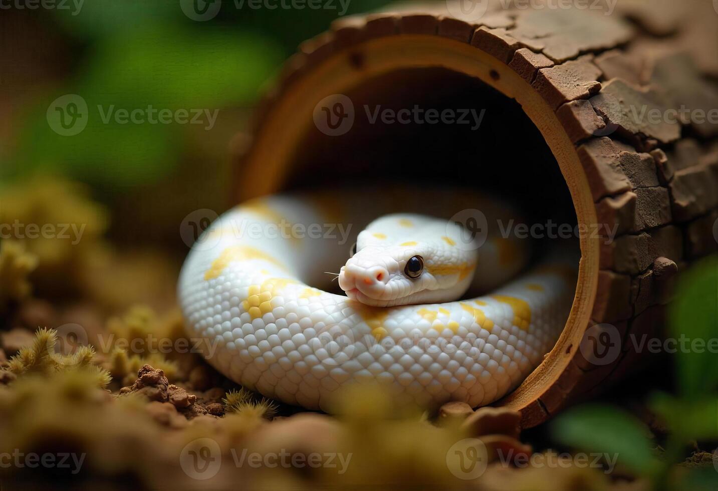 Albino ball python snake coiled inside a hollow log, the snake has white scales with yellow spots, brown dirt and green moss background photo