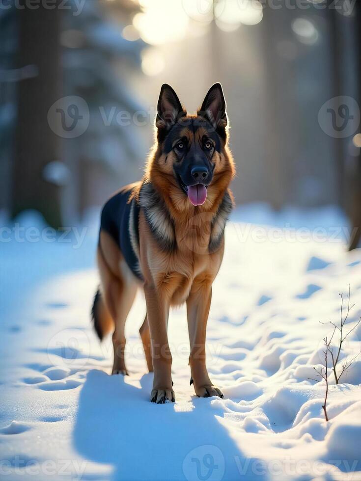 A german shepherd dog with black and brown fur, standing in the snow, with a forest in the background photo