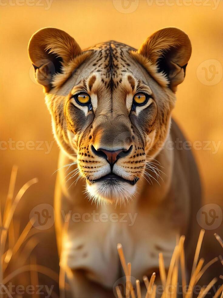 A lioness with yellow eyes, short brown fur, black spots on the nose in a field with dry grass during the sunset photo
