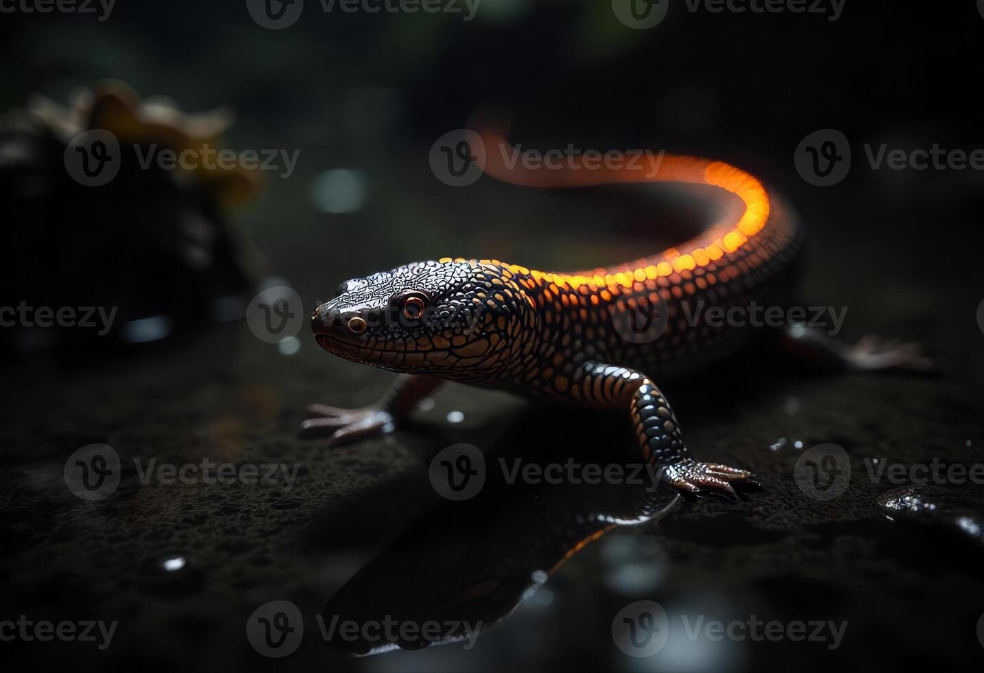 A black lizard with orange stripes on its tail standing on a wet surface, dark background photo