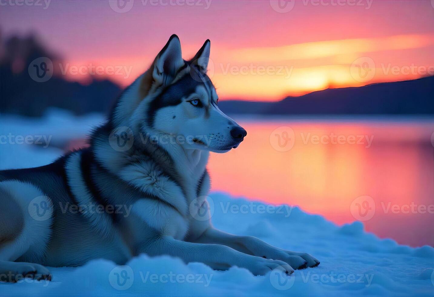 A husky dog with blue eyes lying on the snow, pink and orange sunset in the background with a lake and mountains photo