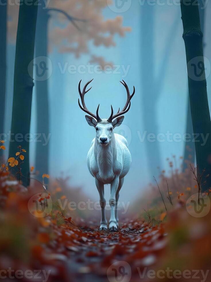 A white deer with big antlers in the middle of a forest with tall trees and fallen leaves on the ground, foggy background photo