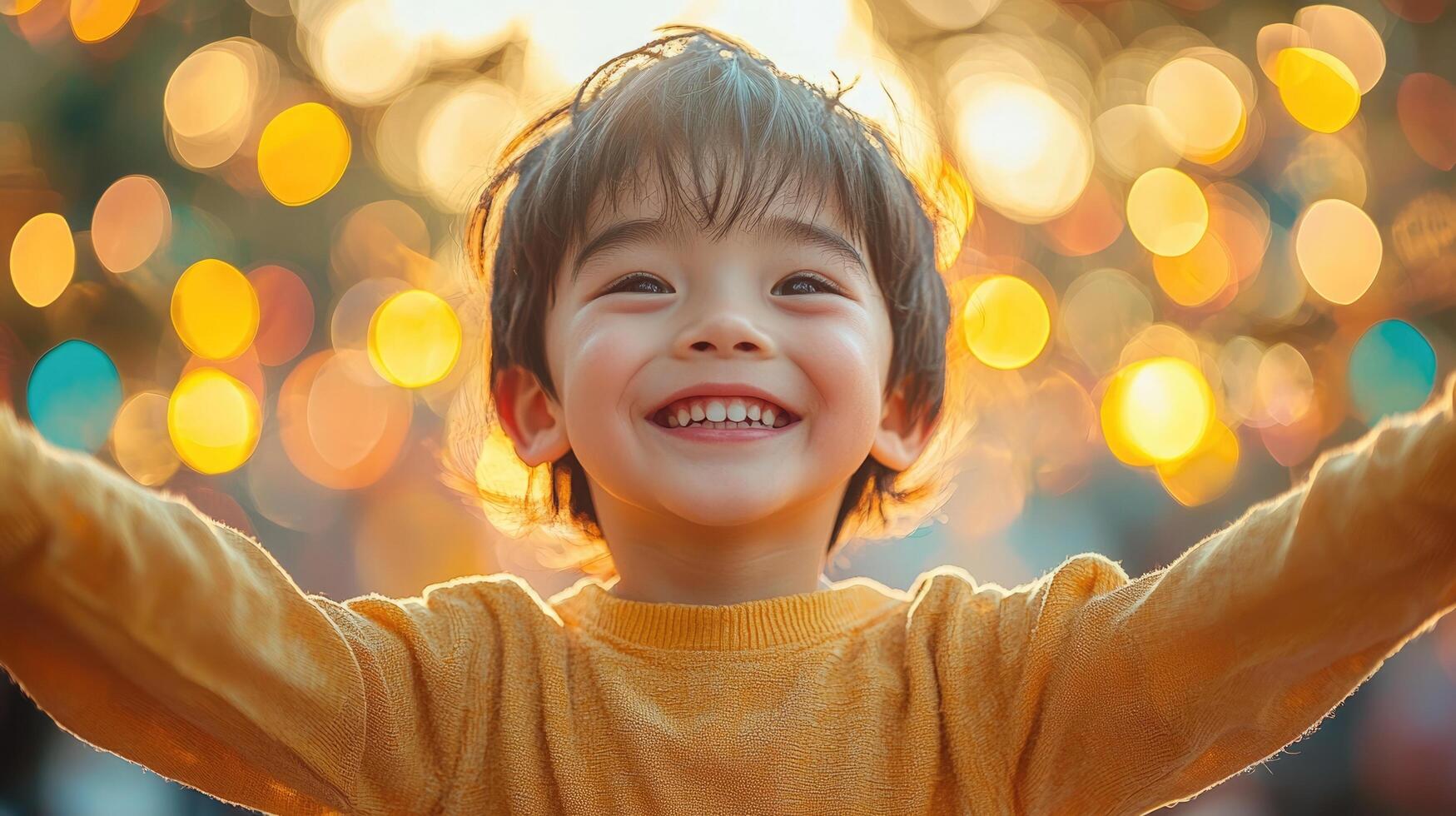 Cheerful child with outstretched arms, surrounded by colorful bokeh lights. photo