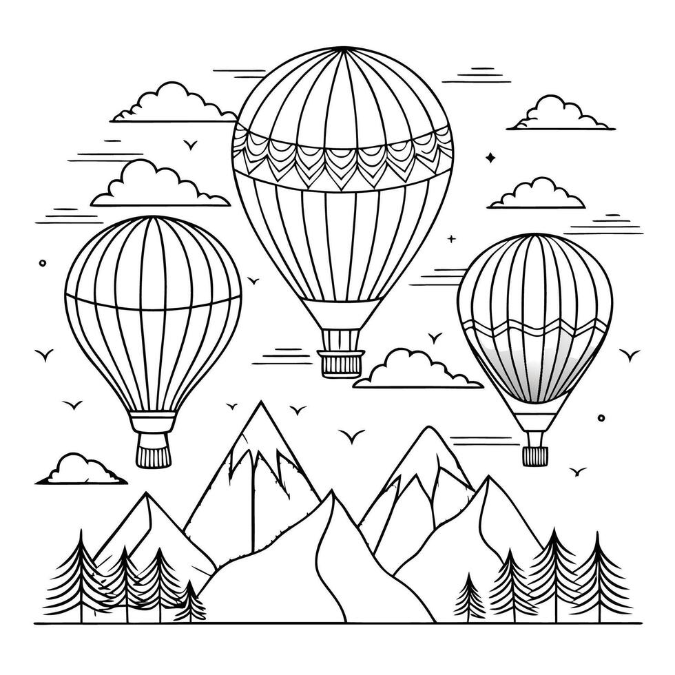 Intricate Line Art Drawing of Majestic Hot Air Balloons Soaring in the Sky vector