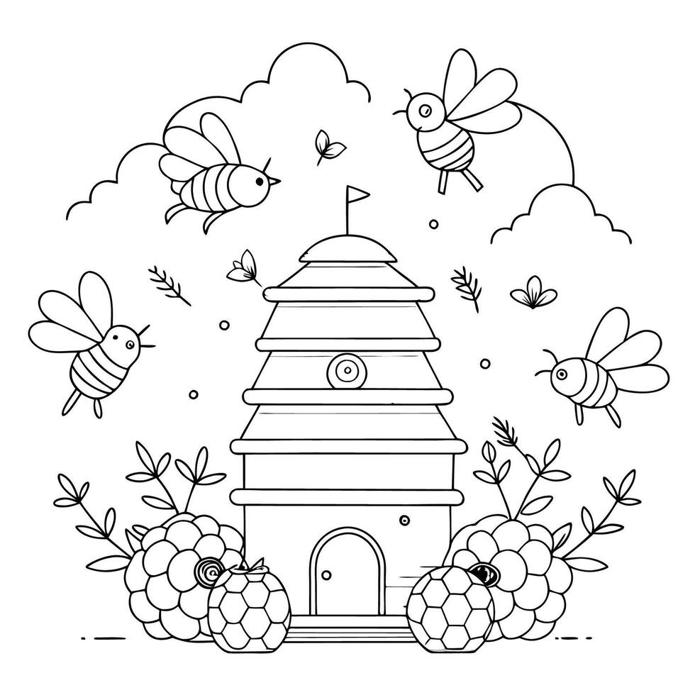 Honey Bees Buzzing Around their Hive in Detailed Line Art vector