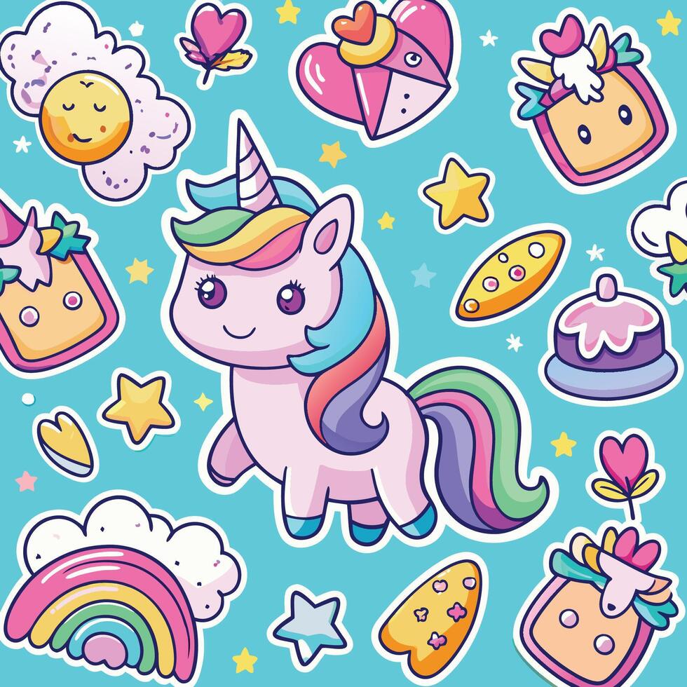 Seamless Cartoon Sticker Pattern Featuring Enchanting Unicorns in Vibrant Colors vector