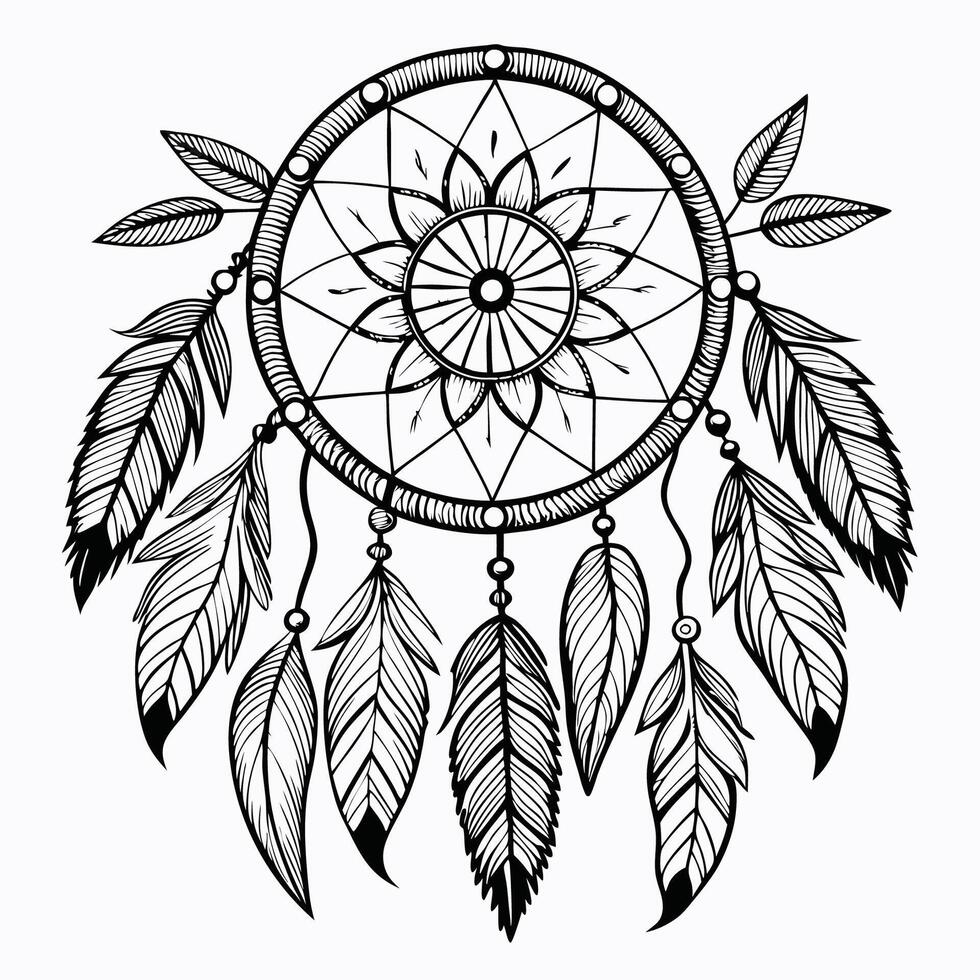 Boho Dream Catcher and Hand Drawn Feathers for Interior Decoration vector