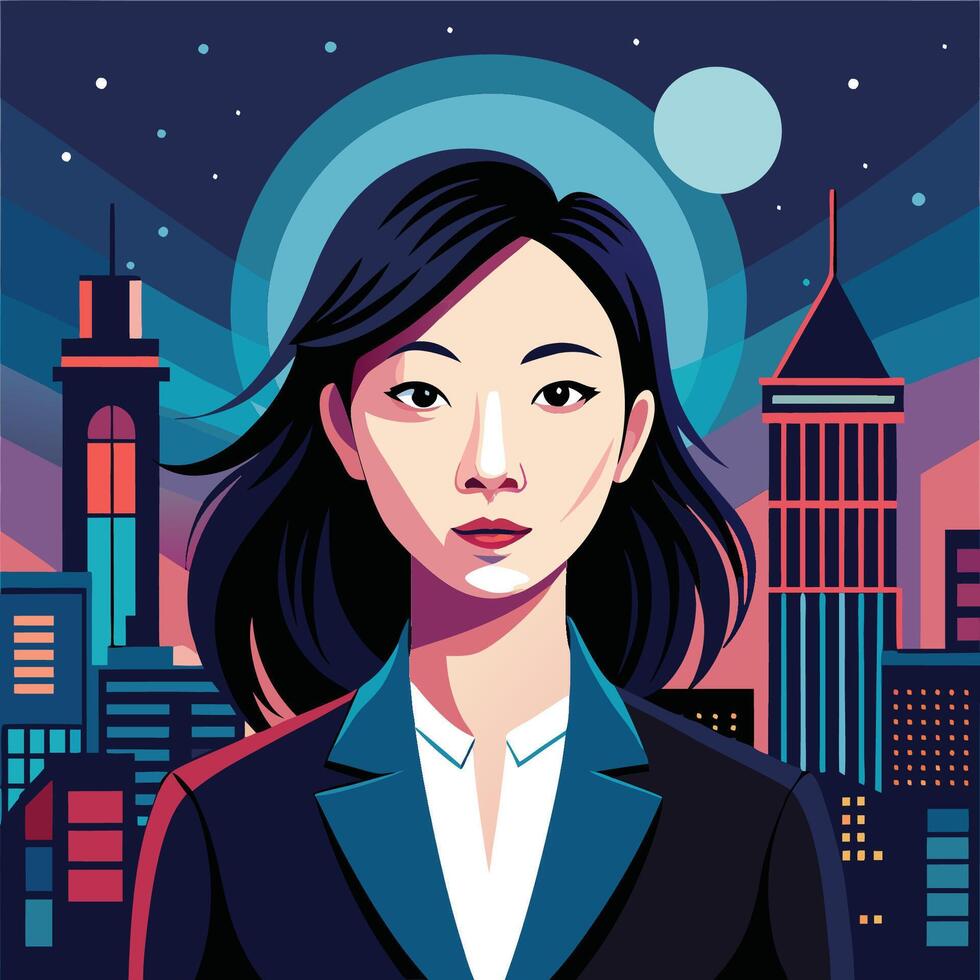Double Exposure Representation of a Diligent Asian Woman Multitasking vector