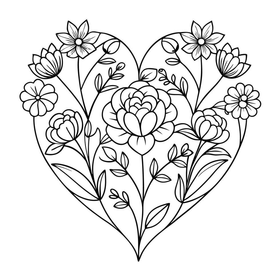 Intricate Line Art of Flowers Gracefully Embracing a Heart Shape vector
