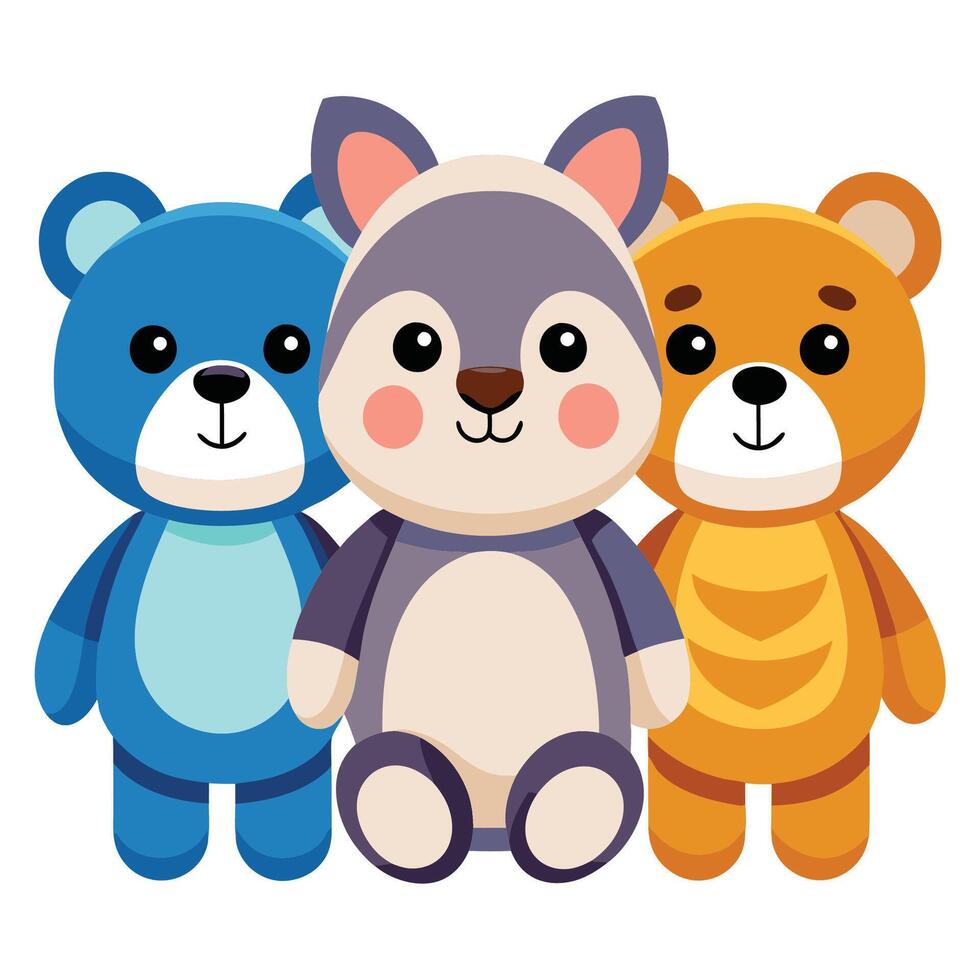 Adorable Cutout Set of Three Stuffed Animal Toys Isolated on Transparent Background vector