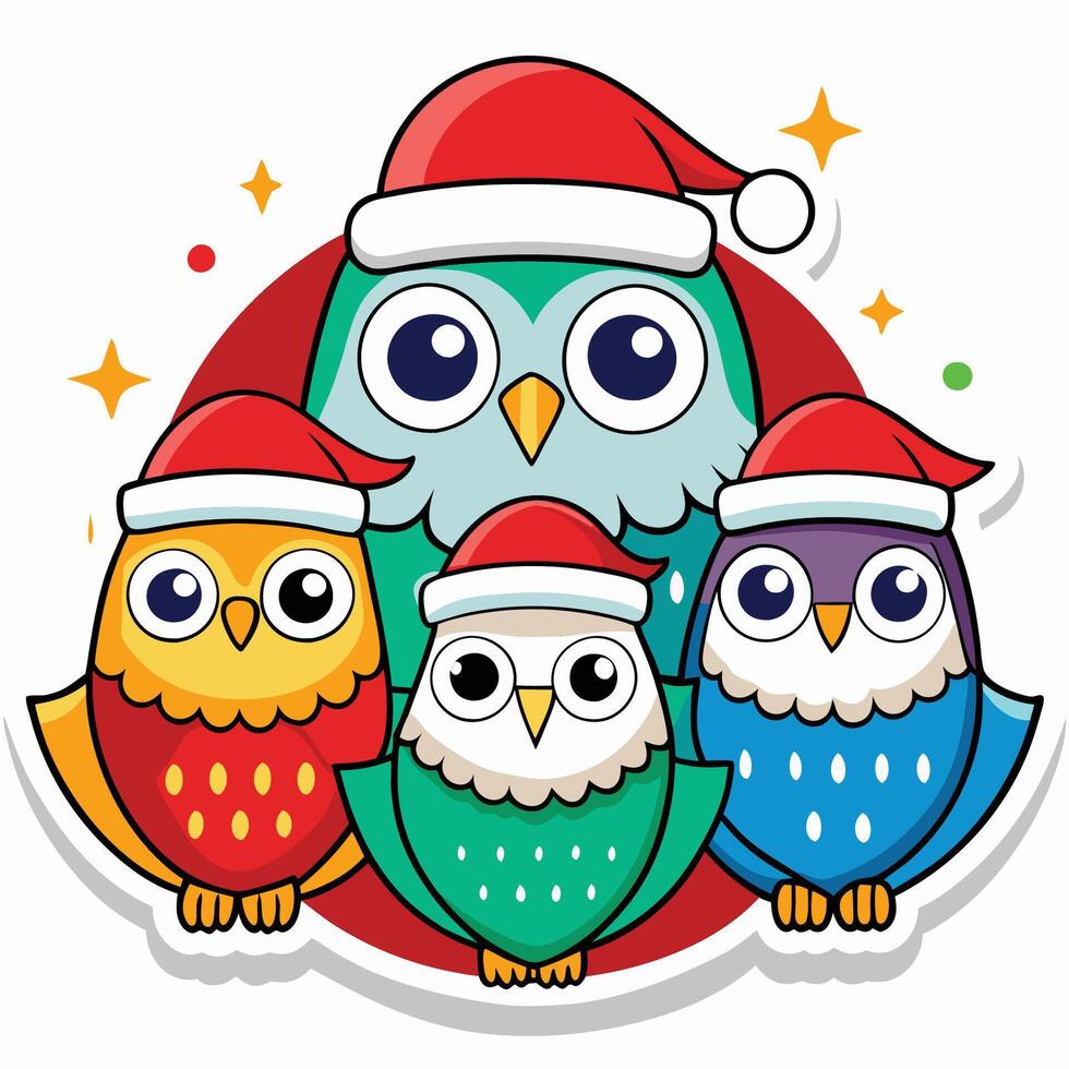 Set of Christmas Owls Cartoon Stickers on a White Background vector