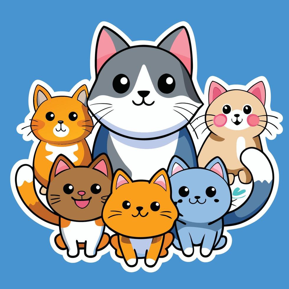 Set of Playful and Colorful Cartoon Cats on a Blue Background vector