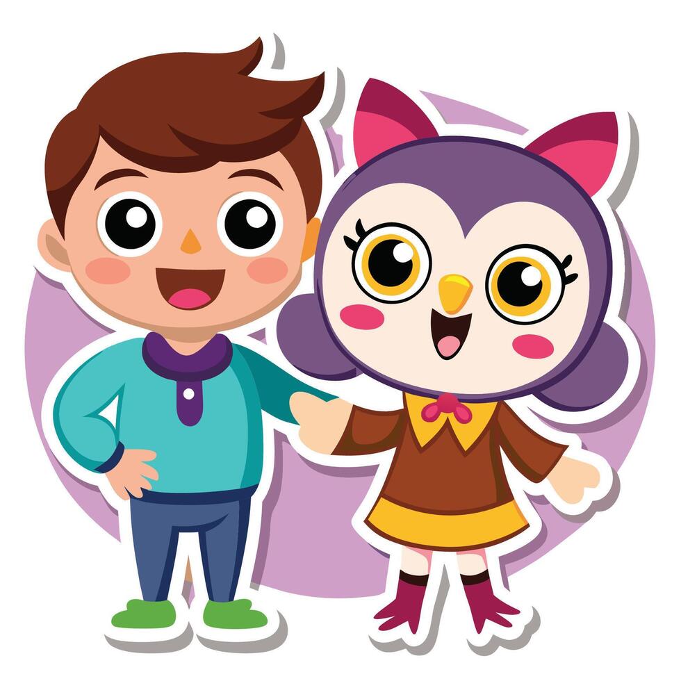 Adorable Owl Themed Greeting Card Embellished with Cartoon Stickers vector