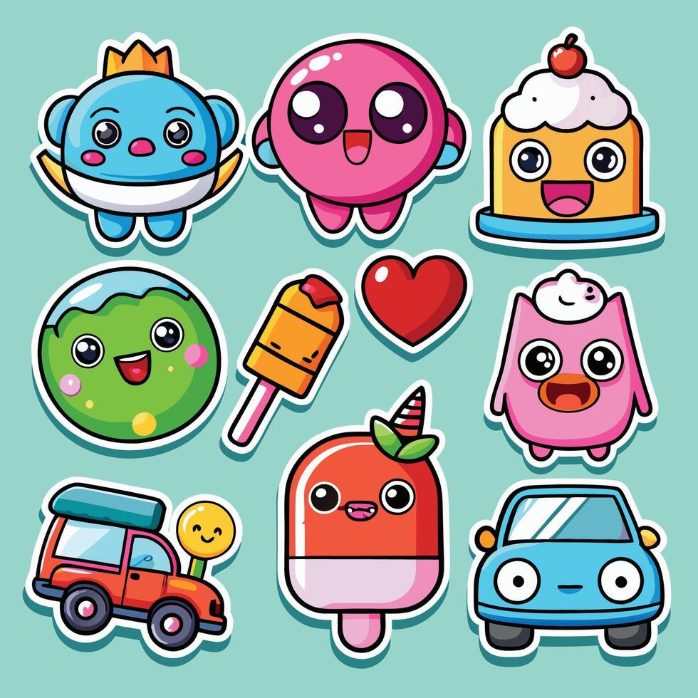 Delightful Collection of 9 Cartoon Character Stickers to Brighten Your Day vector