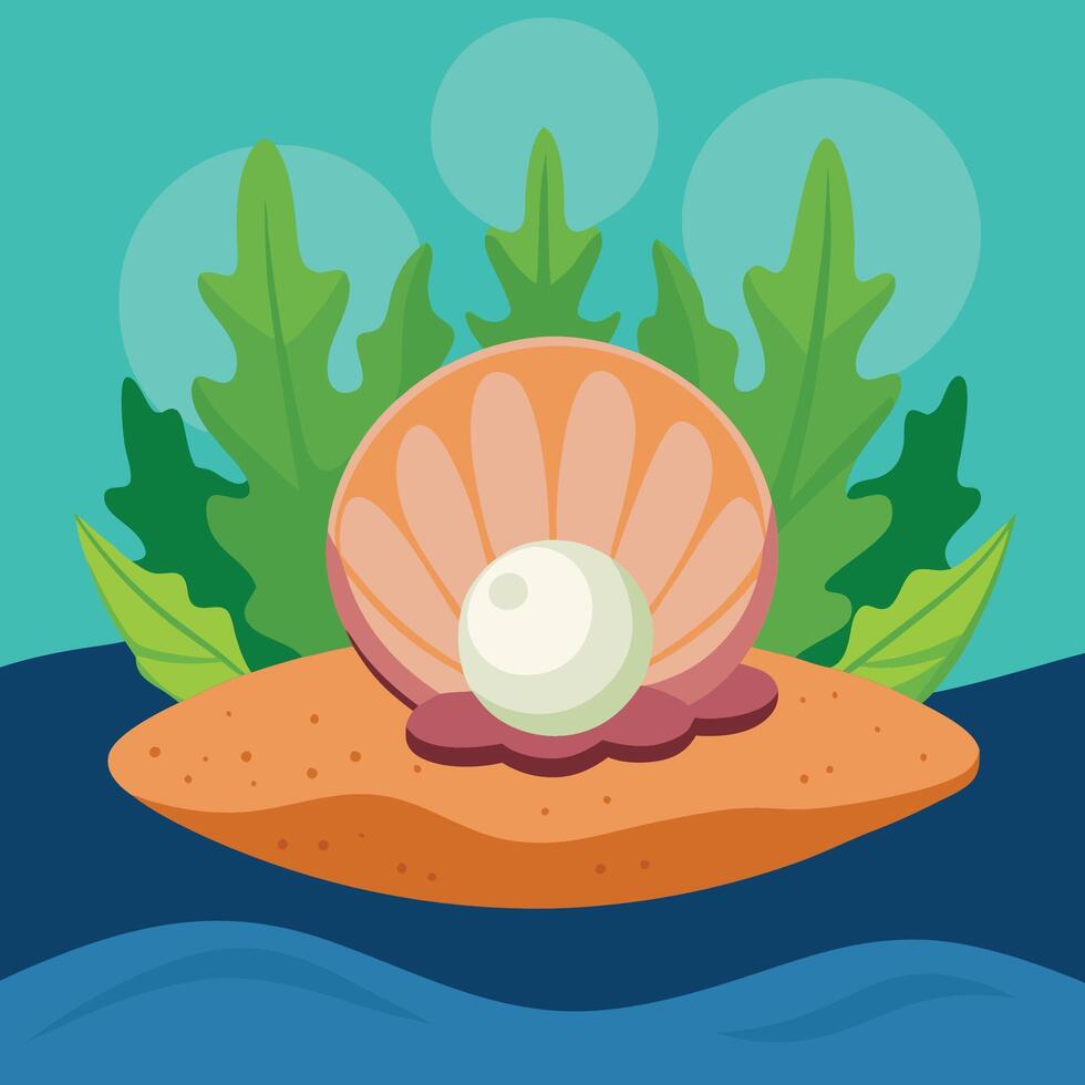 Cartoon Illustration of Pearl Shell and Seaweed in the Ocean Depths vector