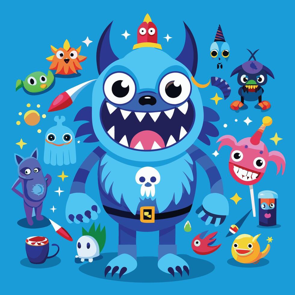 A Vibrant Cartoon of a Blue Monster with Diverse Characters vector