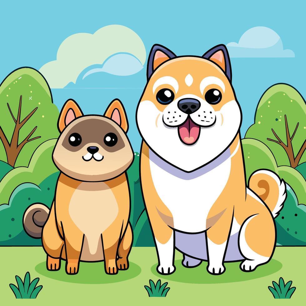 Two Adorable Shiba Inu and Pug Dogs Pose as Close Friends in a Cartoon Style Illustration vector