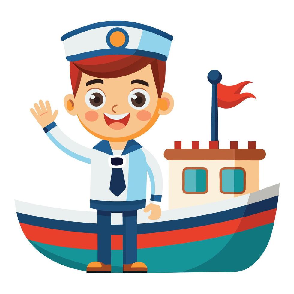 Animated Cute Sailor Waving Cheerfully from a Cartoon Boat Icon vector