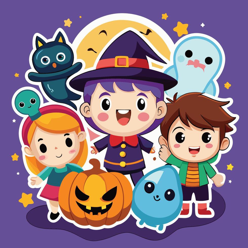 Cartoon Sticker of Cute Halloween Illustration with Adorable Ghost and Pumpkin vector