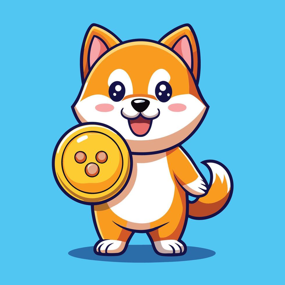 Adorable Shiba Inu Embraces a Golden Coin in Cartoon Art Style vector