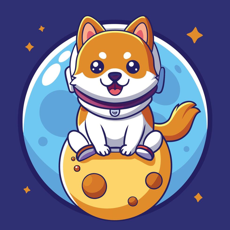 Adorable Shiba Inu Astronaut Sits on the Lunar Surface with Comic Book Spine vector
