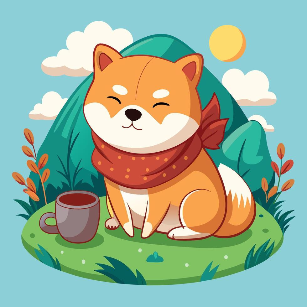 Snoozing Shiba Inu Dog with Warm Coffee and Cozy Blanket vector