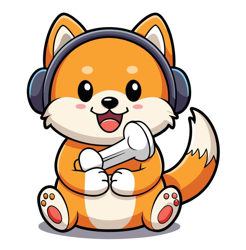 Adorable Shiba Inu Embraces Bone While Sporting Headphones in Cartoon Style vector